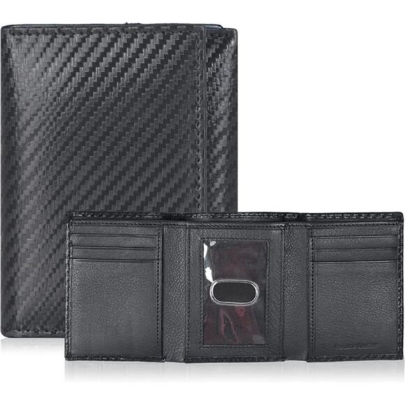 Real Leather Trifold Wallet for Men Carbon Black